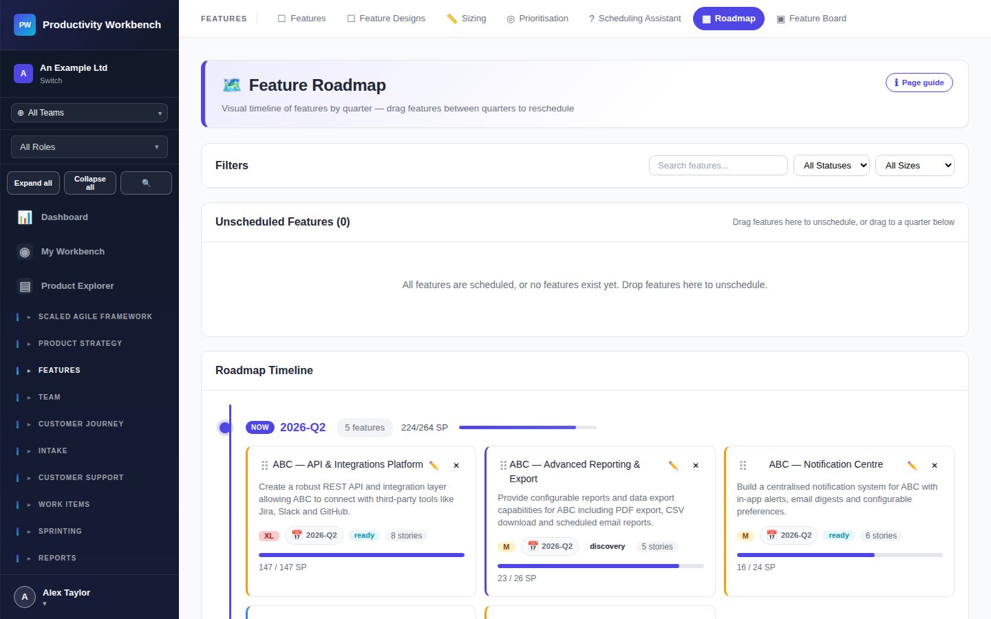 Roadmap page — features across sprints
