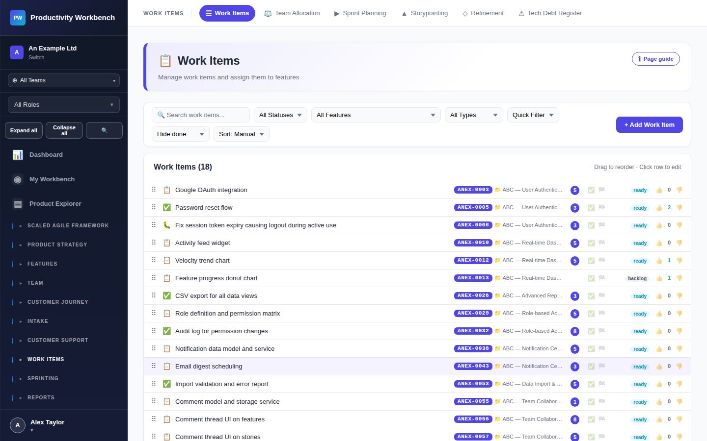 Work Items list with story popup open