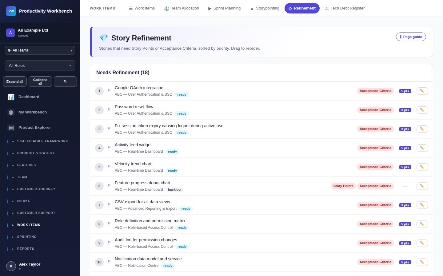 Screenshot: Story Refinement — selecting stories