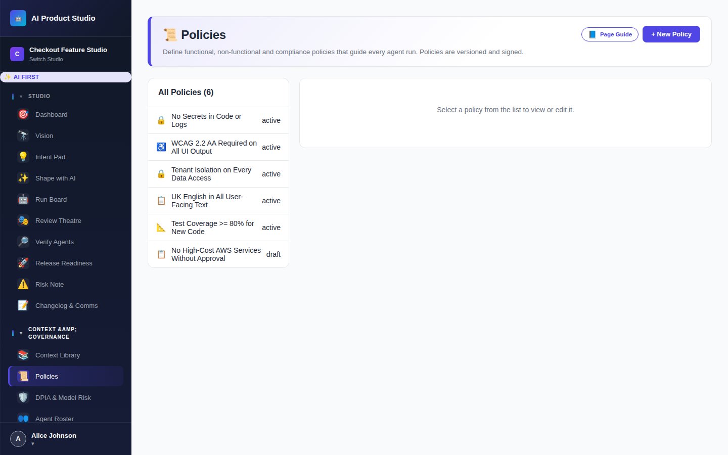 Screenshot: Studio Policies list